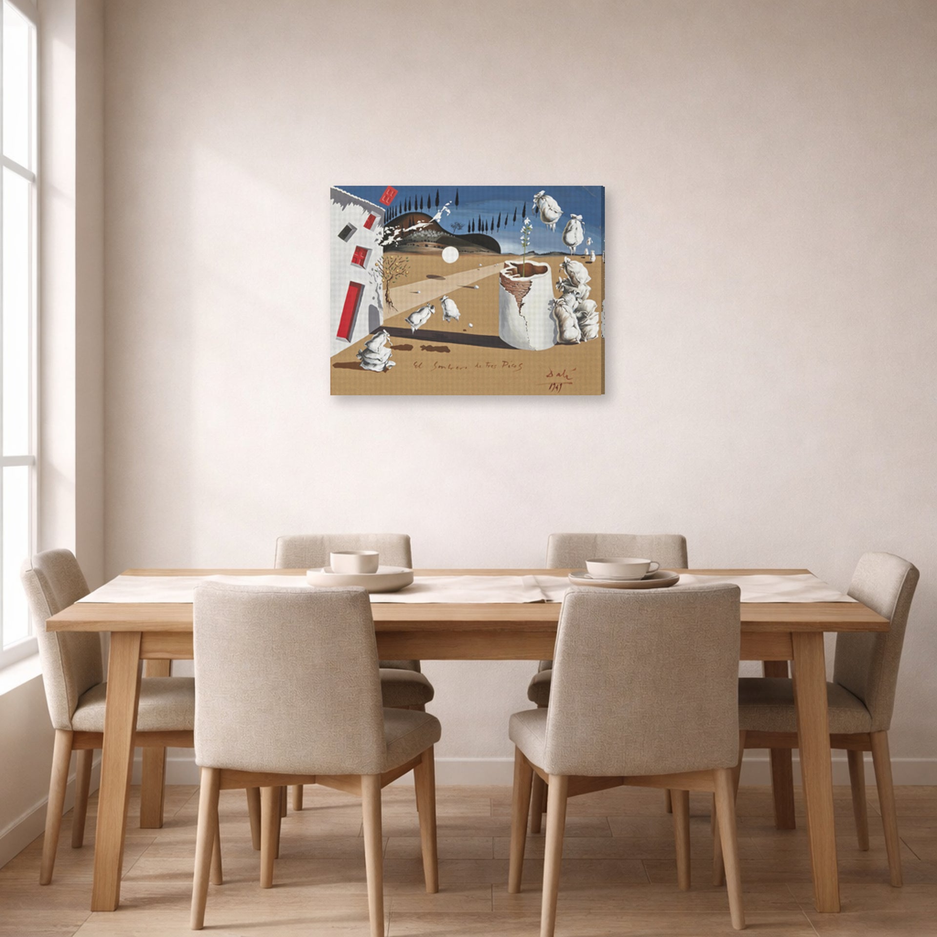 Gallery-wrapped canvas print of Salvador Dali's Three Cornered Hat displayed on a wall in a dining room