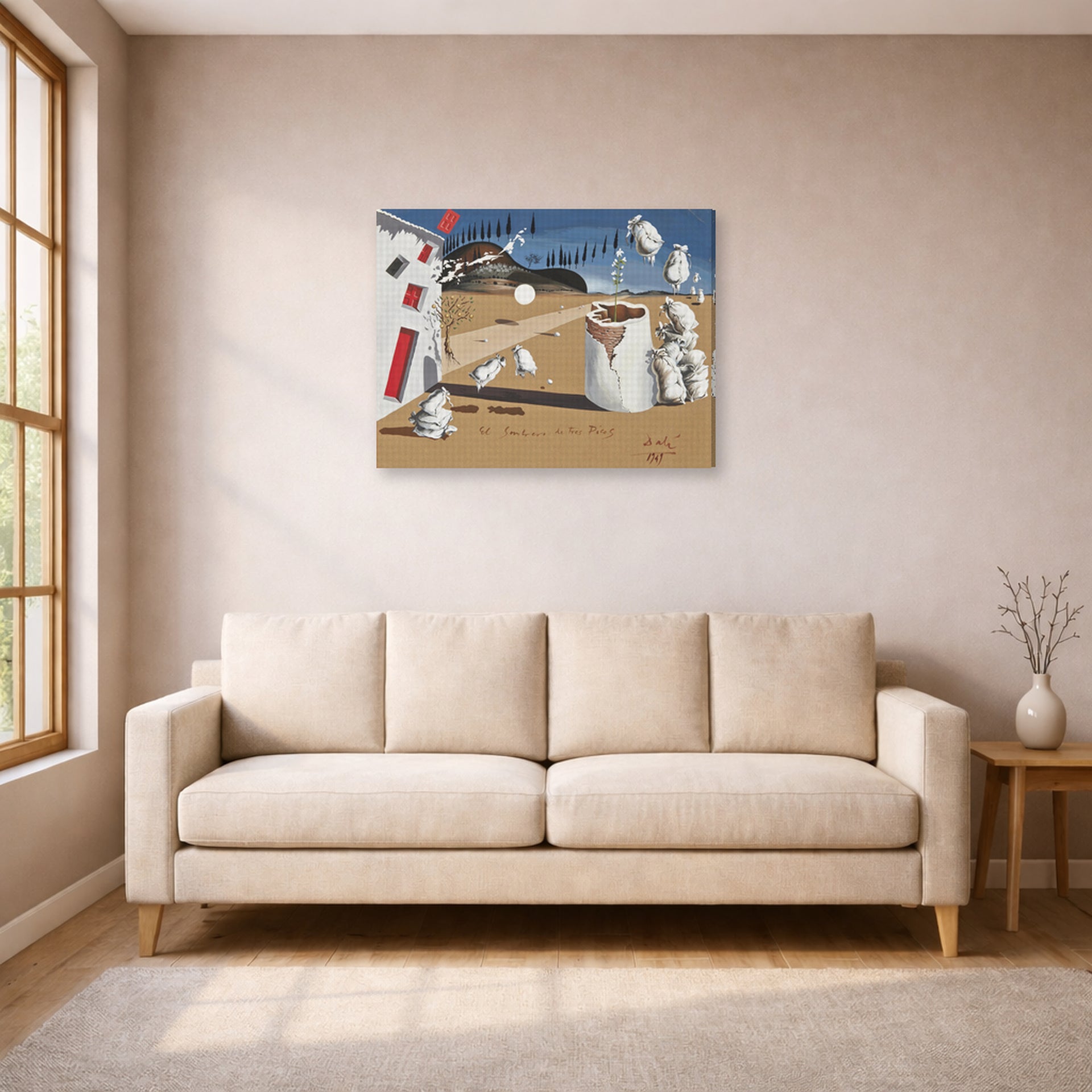 Gallery-wrapped canvas print of Salvador Dali's Three Cornered Hat displayed on a wall in a living room