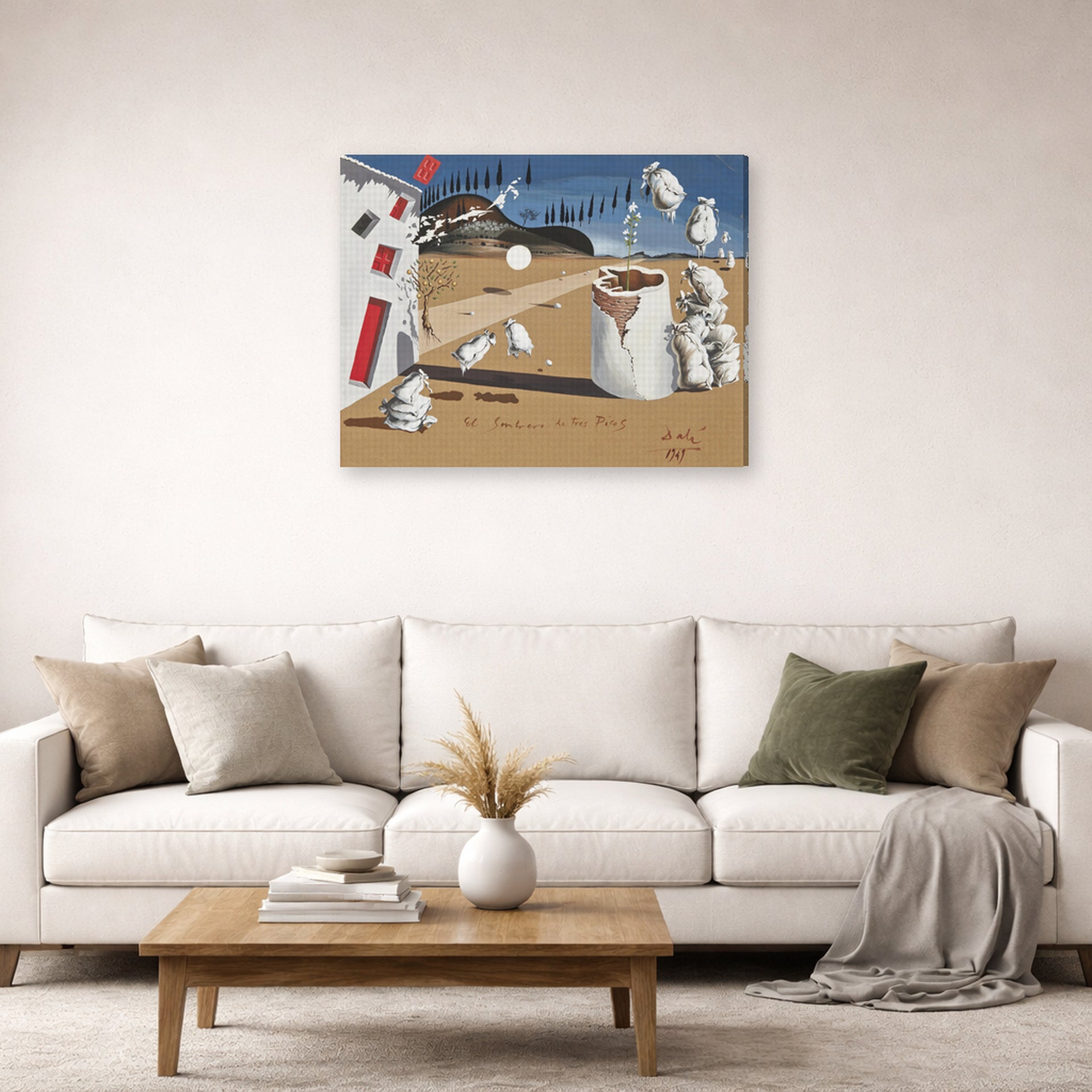Gallery-wrapped canvas print of Salvador Dali's Three Cornered Hat displayed on a wall in a living room