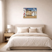 Unframed poster print of Salvador Dali's Three Cornered Hat displayed on a wall in a bedroom