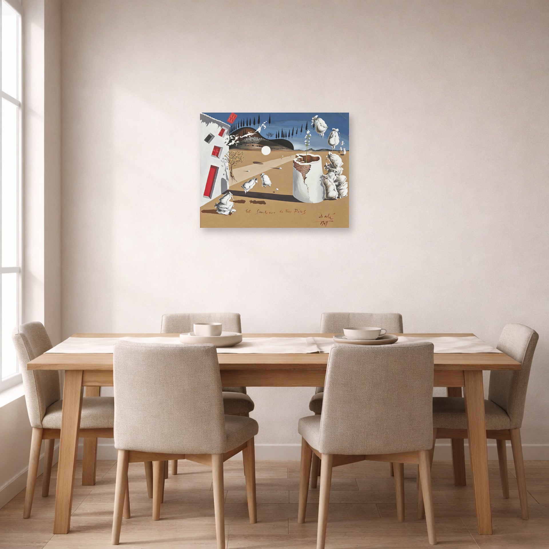 Unframed poster print of Salvador Dali's Three Cornered Hat displayed on a wall in a dining room