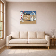 Unframed poster print of Salvador Dali's Three Cornered Hat displayed on a wall in a living room