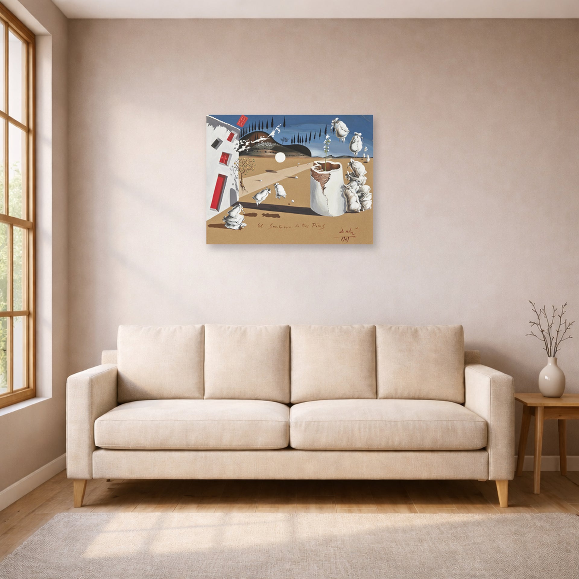 Unframed poster print of Salvador Dali's Three Cornered Hat displayed on a wall in a living room