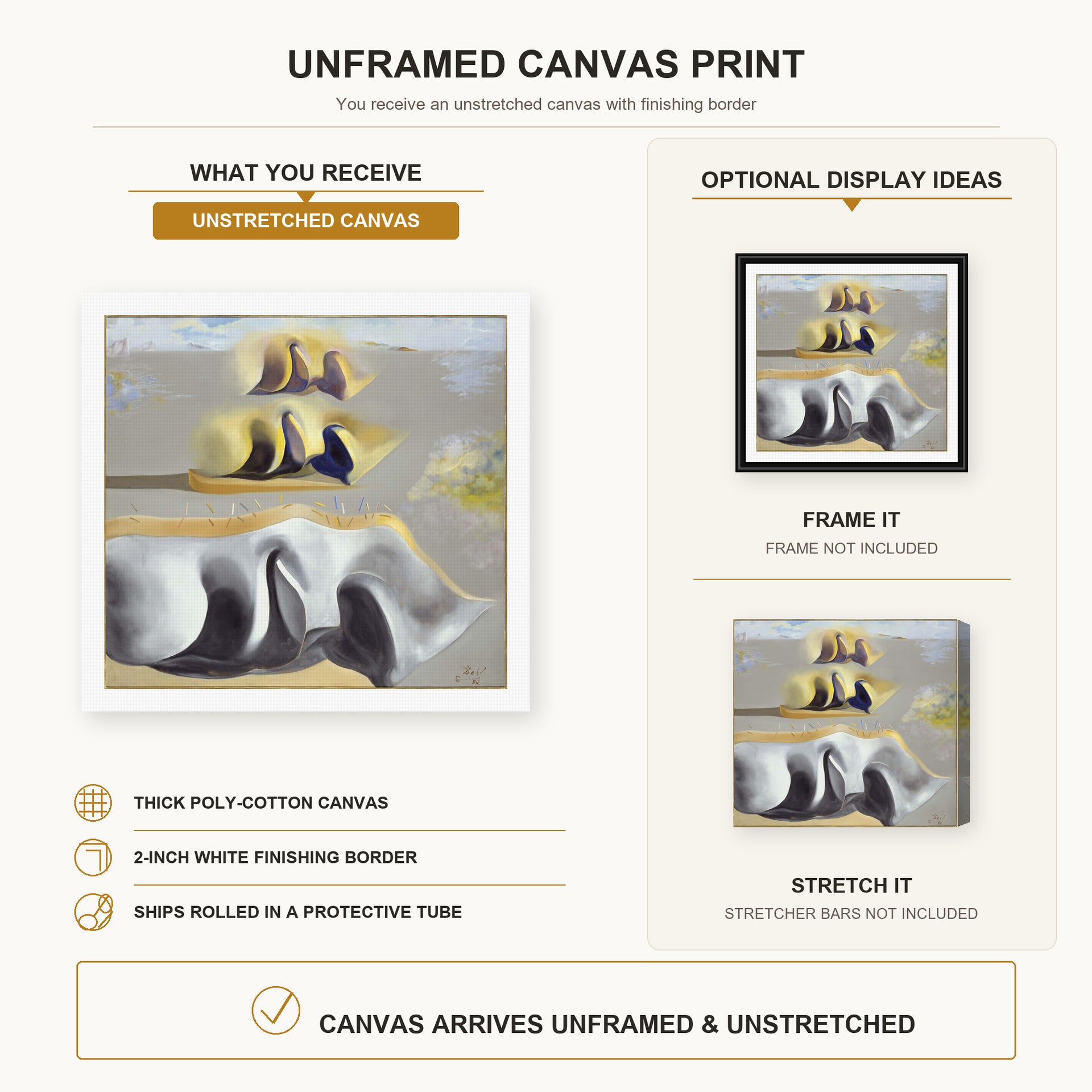 Salvador Dali - Three Glorious Enigmas of Gala canvas print size comparison and framing display infographic