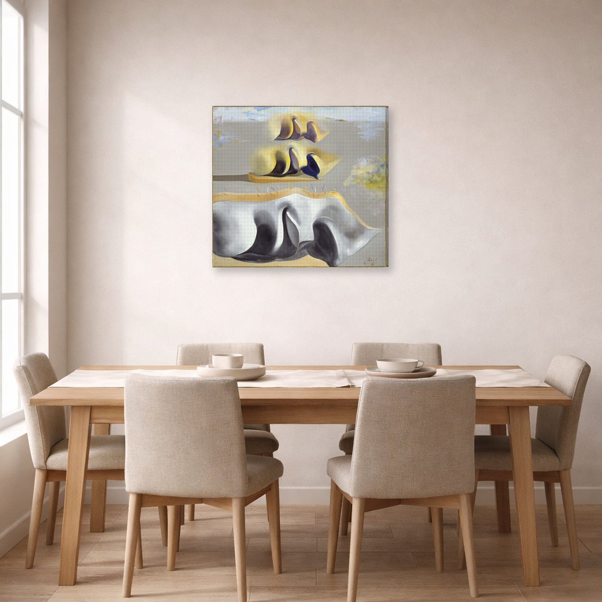Gallery-wrapped canvas print of Salvador Dali's Three Glorious Enigmas of Gala displayed on a wall in a dining room