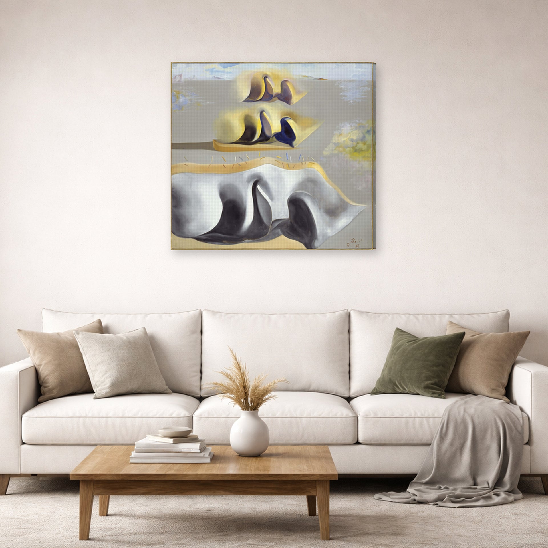 Gallery-wrapped canvas print of Salvador Dali's Three Glorious Enigmas of Gala displayed on a wall in a living room