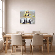 Unframed poster print of Salvador Dali's Three Glorious Enigmas of Gala displayed on a wall in a dining room