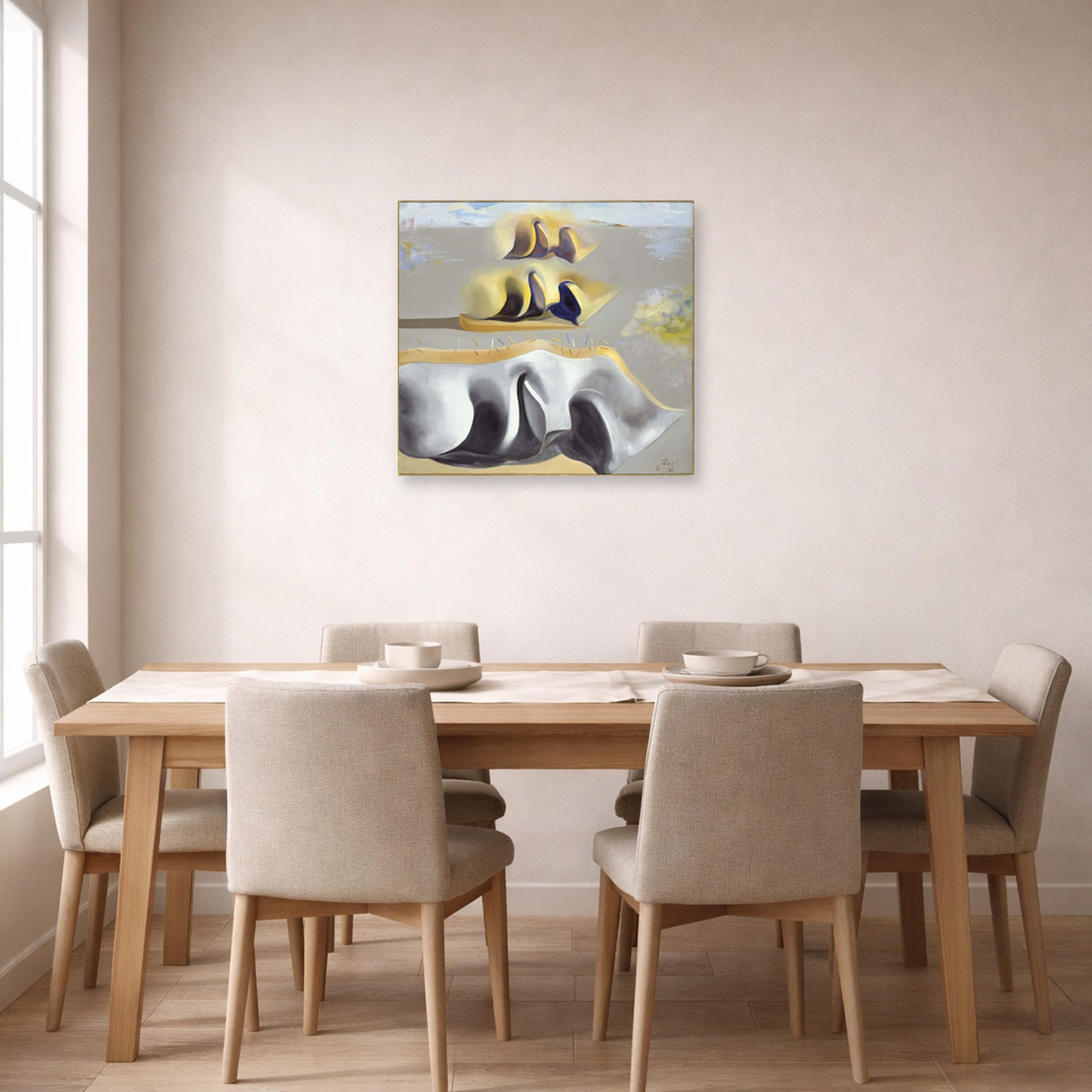 Unframed poster print of Salvador Dali's Three Glorious Enigmas of Gala displayed on a wall in a dining room