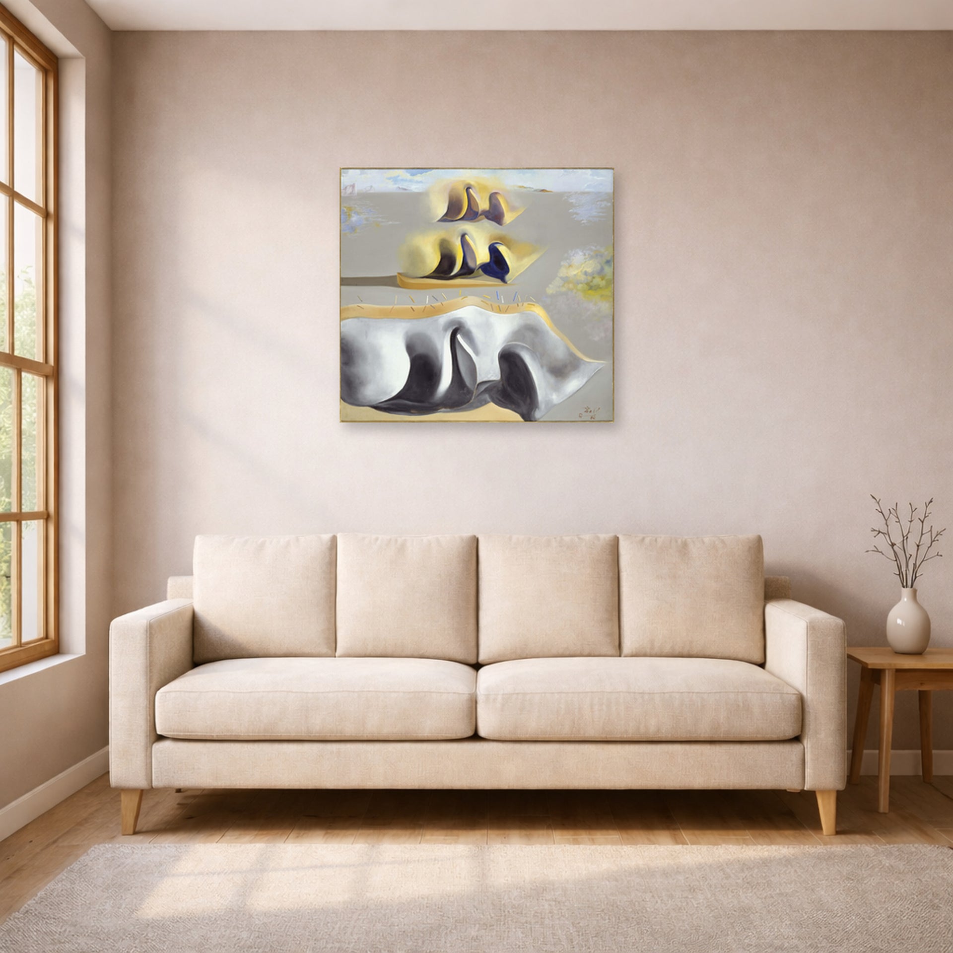 Unframed poster print of Salvador Dali's Three Glorious Enigmas of Gala displayed on a wall in a living room