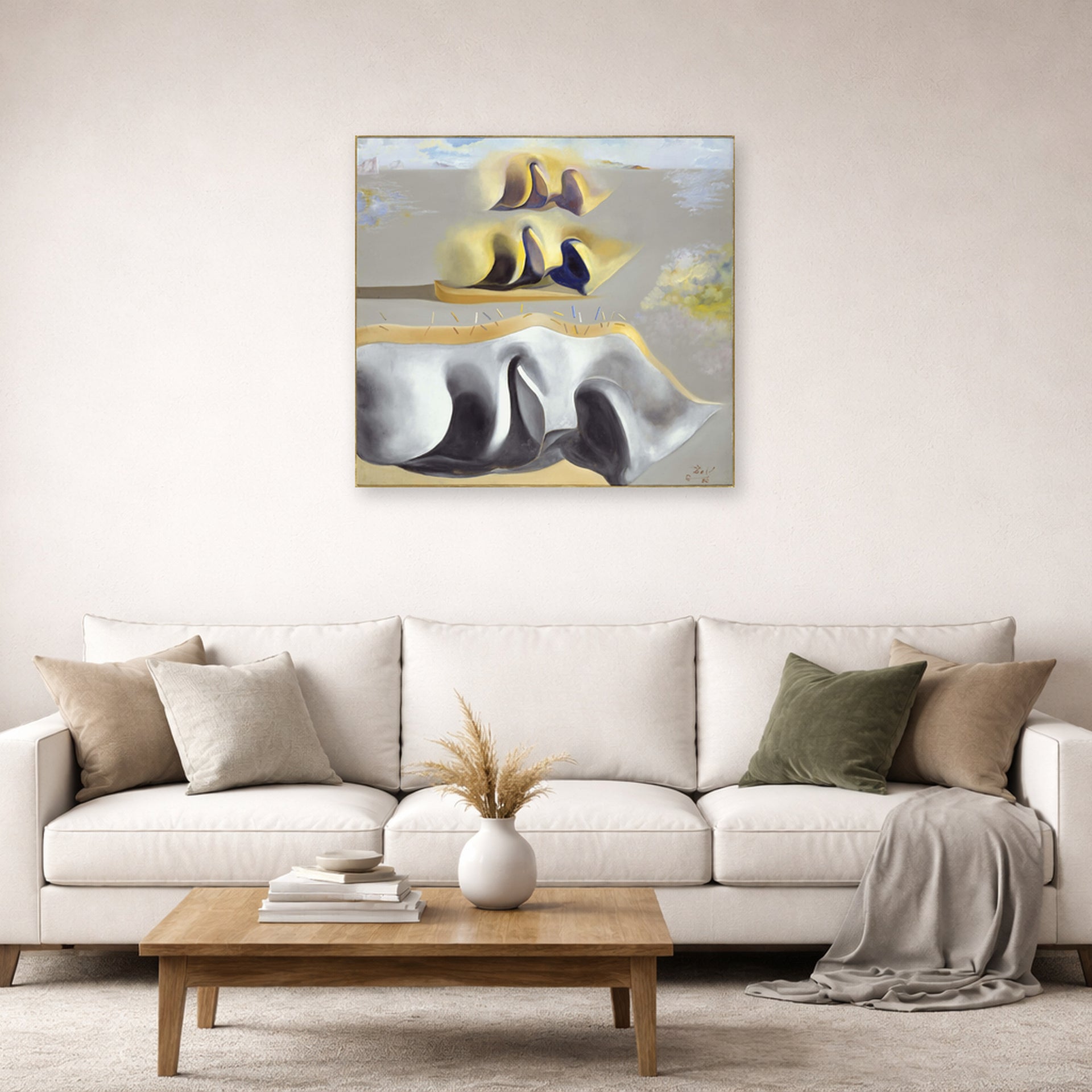 Unframed poster print of Salvador Dali's Three Glorious Enigmas of Gala displayed on a wall in a living room