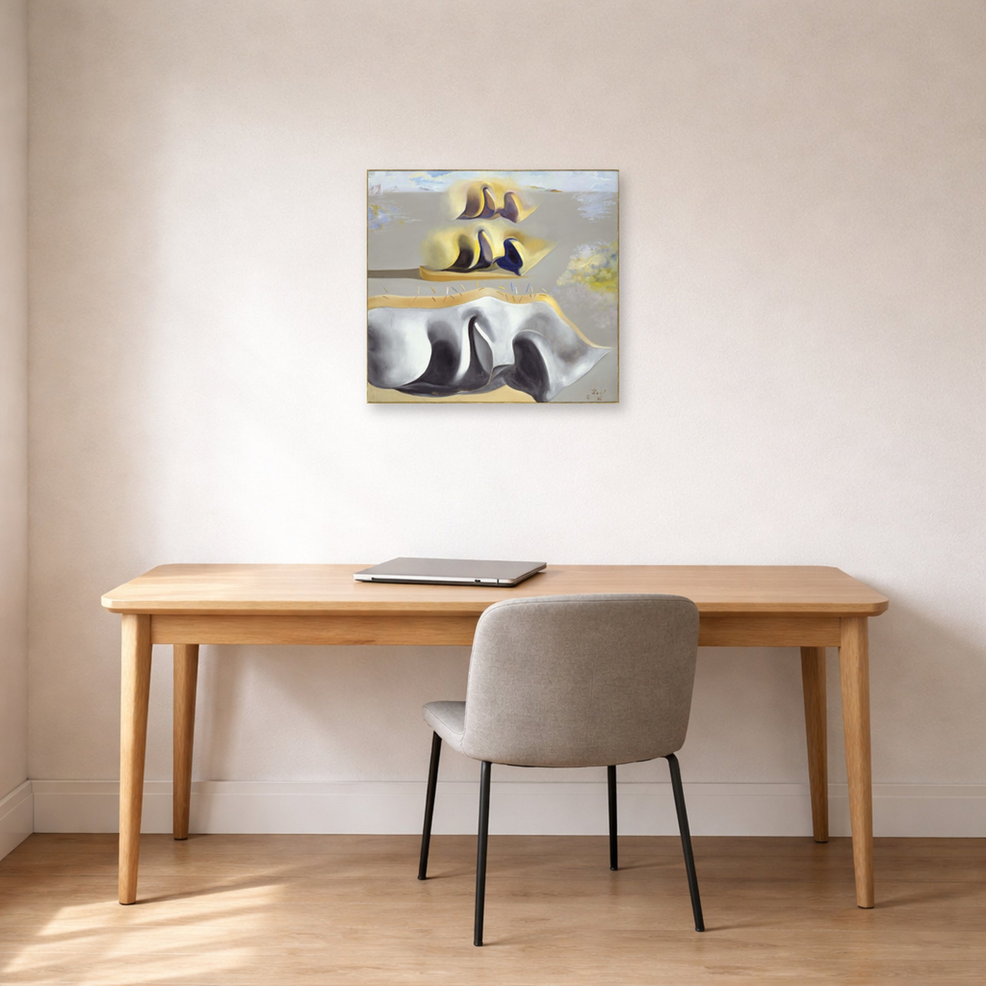Unframed poster print of Salvador Dali's Three Glorious Enigmas of Gala displayed on a wall in a office