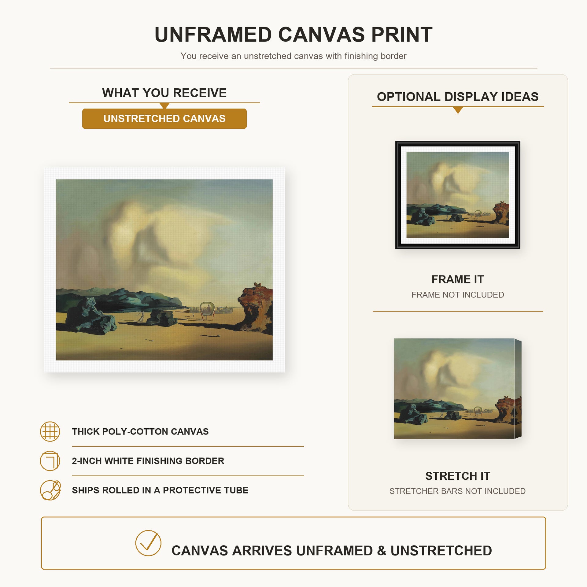 Salvador Dali - Transitional Moment canvas print size comparison and framing display infographic