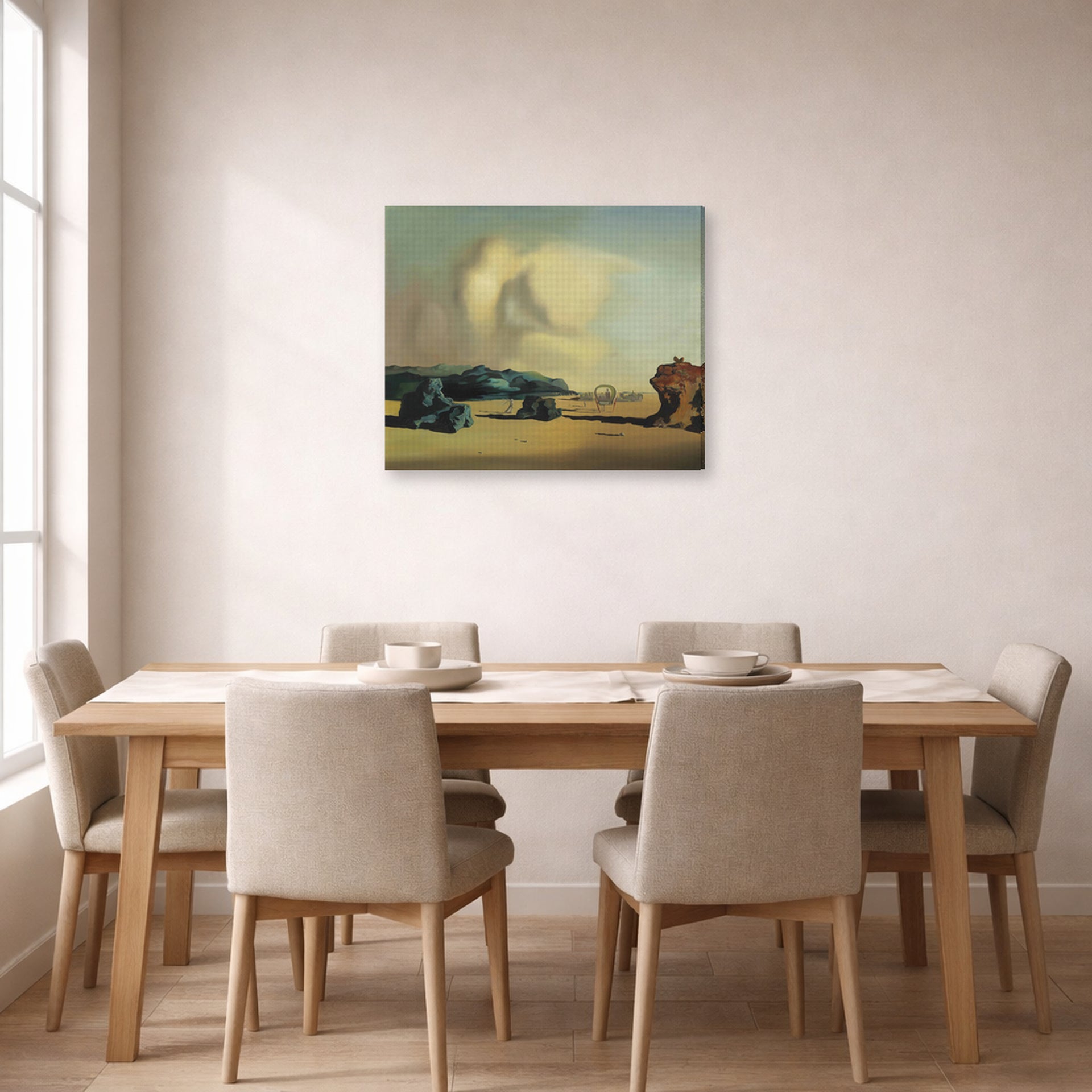 Gallery-wrapped canvas print of Salvador Dali's Transitional Moment displayed on a wall in a dining room