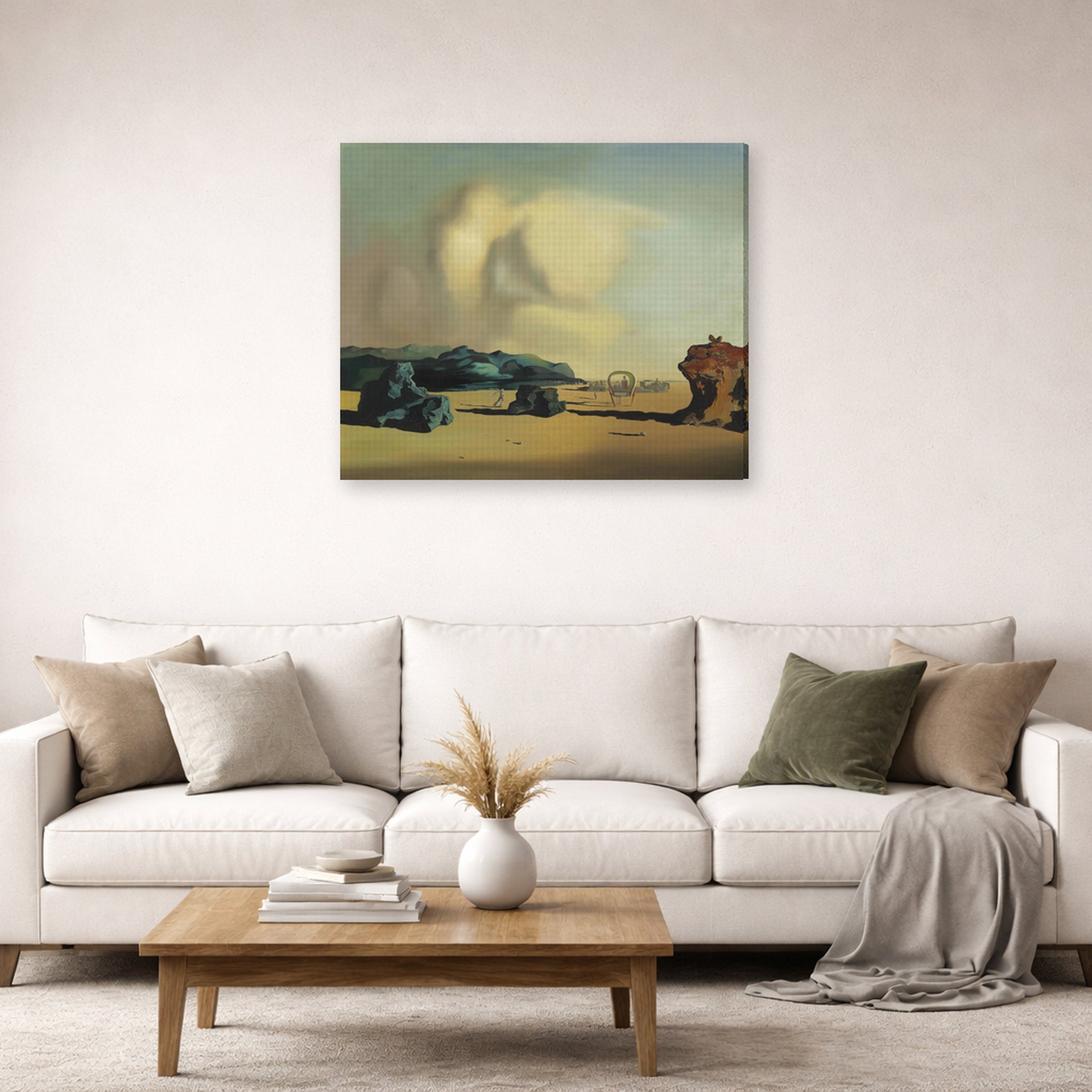Gallery-wrapped canvas print of Salvador Dali's Transitional Moment displayed on a wall in a living room