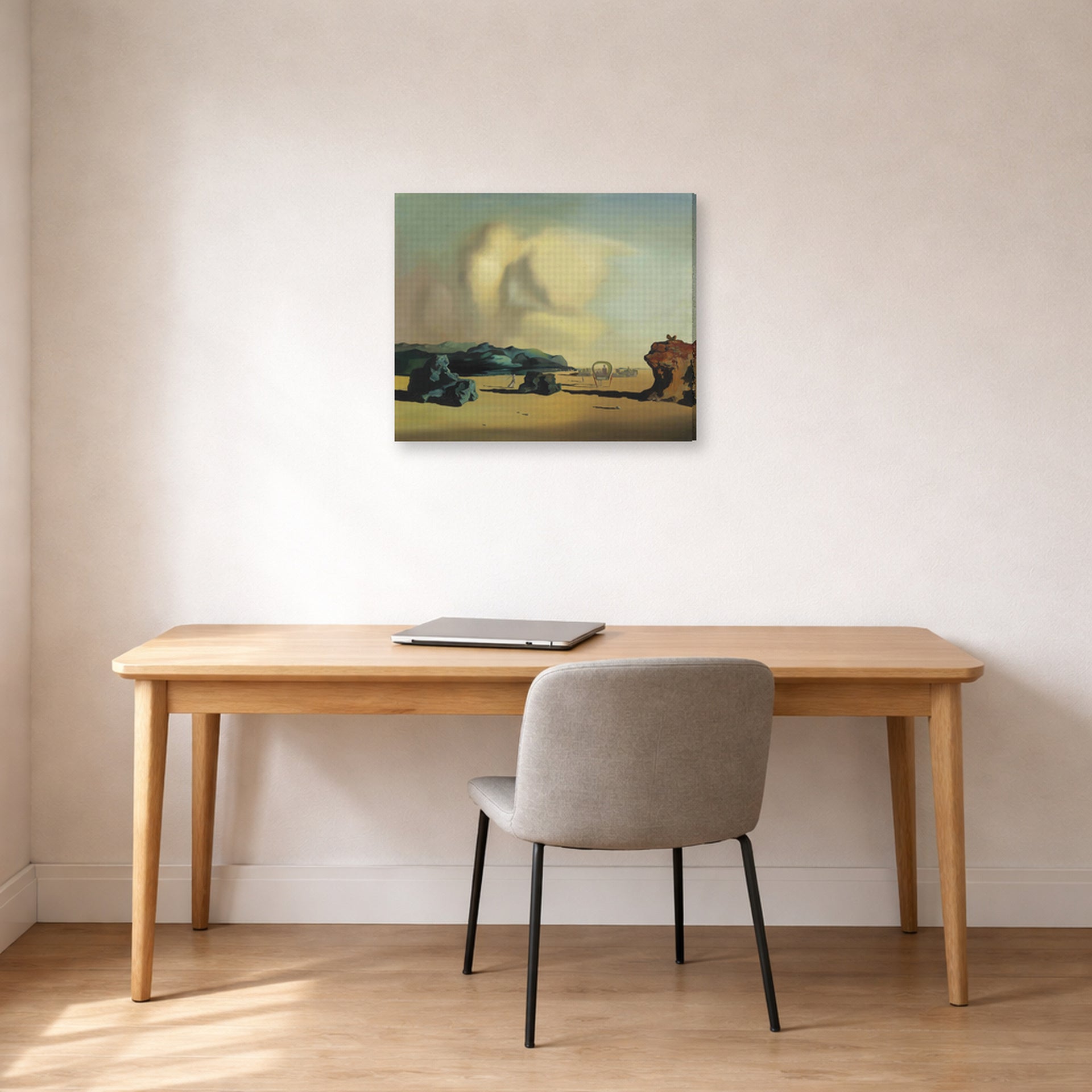 Gallery-wrapped canvas print of Salvador Dali's Transitional Moment displayed on a wall in a office
