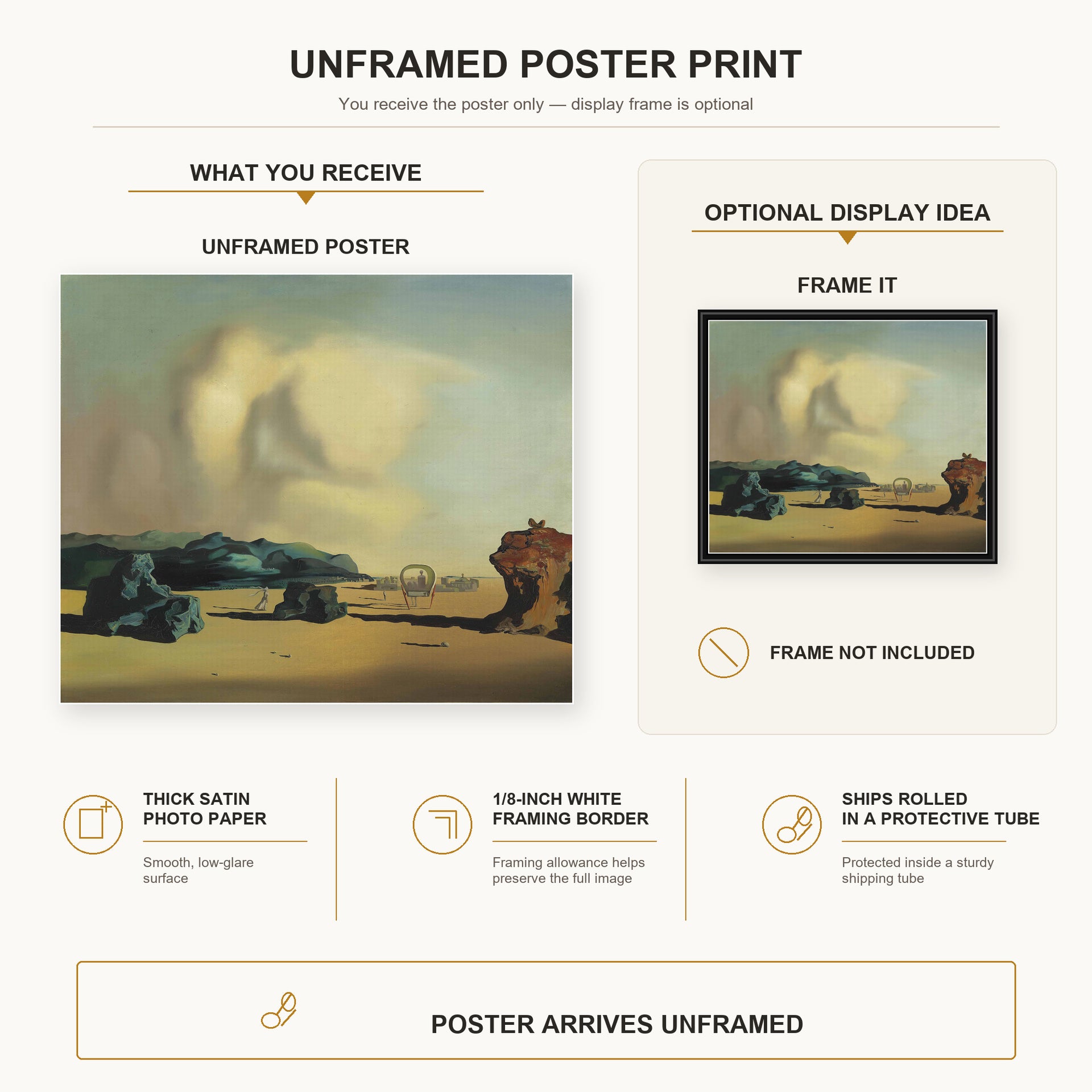 Salvador Dali - Transitional Moment poster print size comparison and framing display infographic