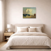 Unframed poster print of Salvador Dali's Transitional Moment displayed on a wall in a bedroom