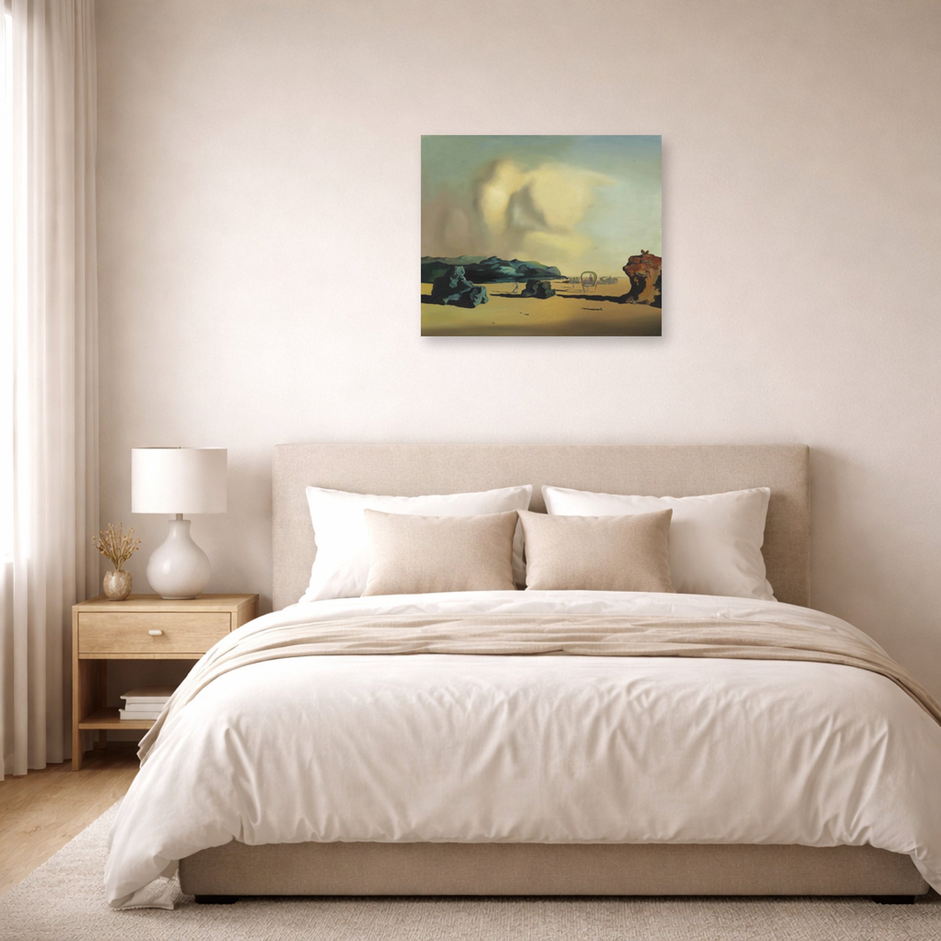 Unframed poster print of Salvador Dali's Transitional Moment displayed on a wall in a bedroom