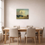 Unframed poster print of Salvador Dali's Transitional Moment displayed on a wall in a dining room