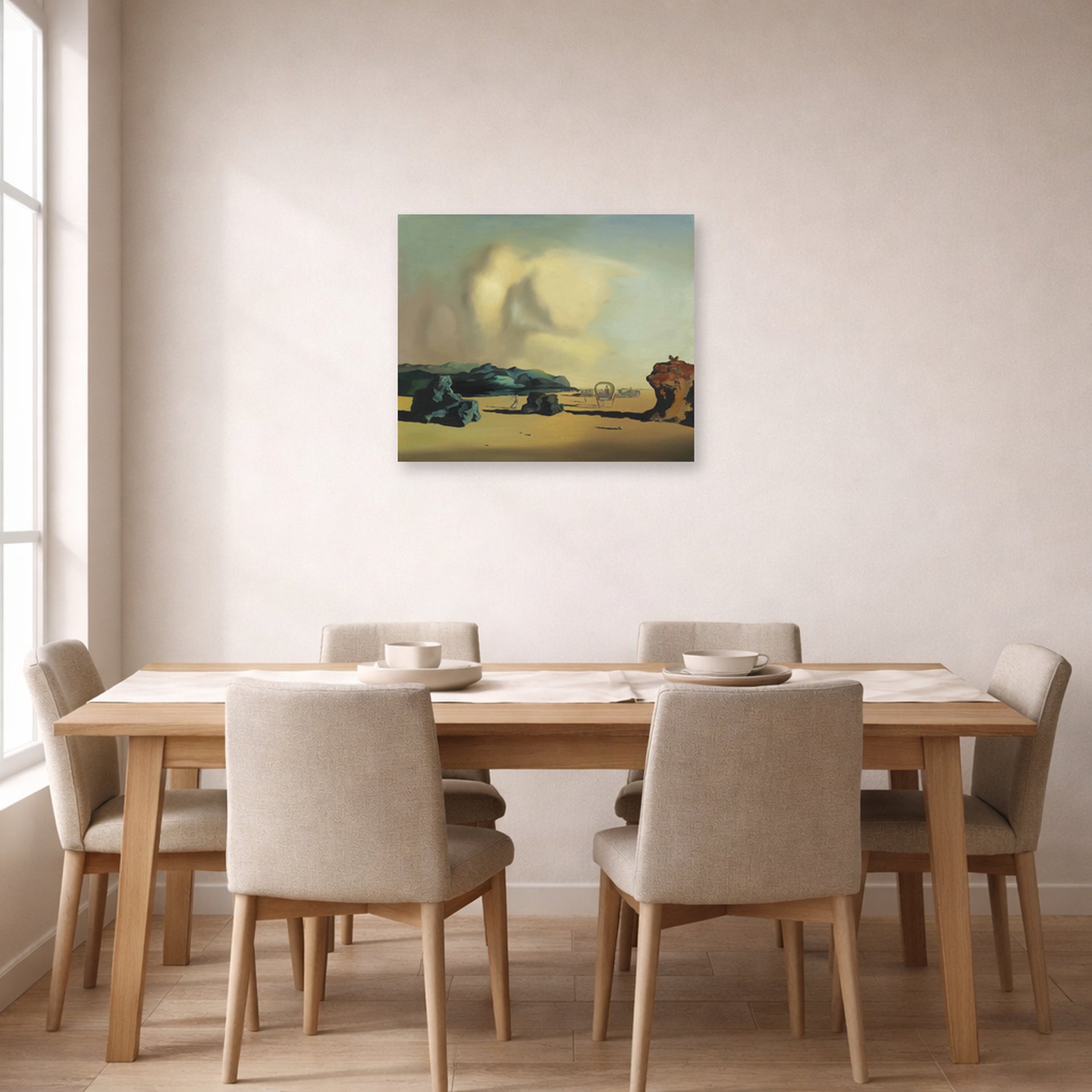 Unframed poster print of Salvador Dali's Transitional Moment displayed on a wall in a dining room