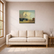 Unframed poster print of Salvador Dali's Transitional Moment displayed on a wall in a living room