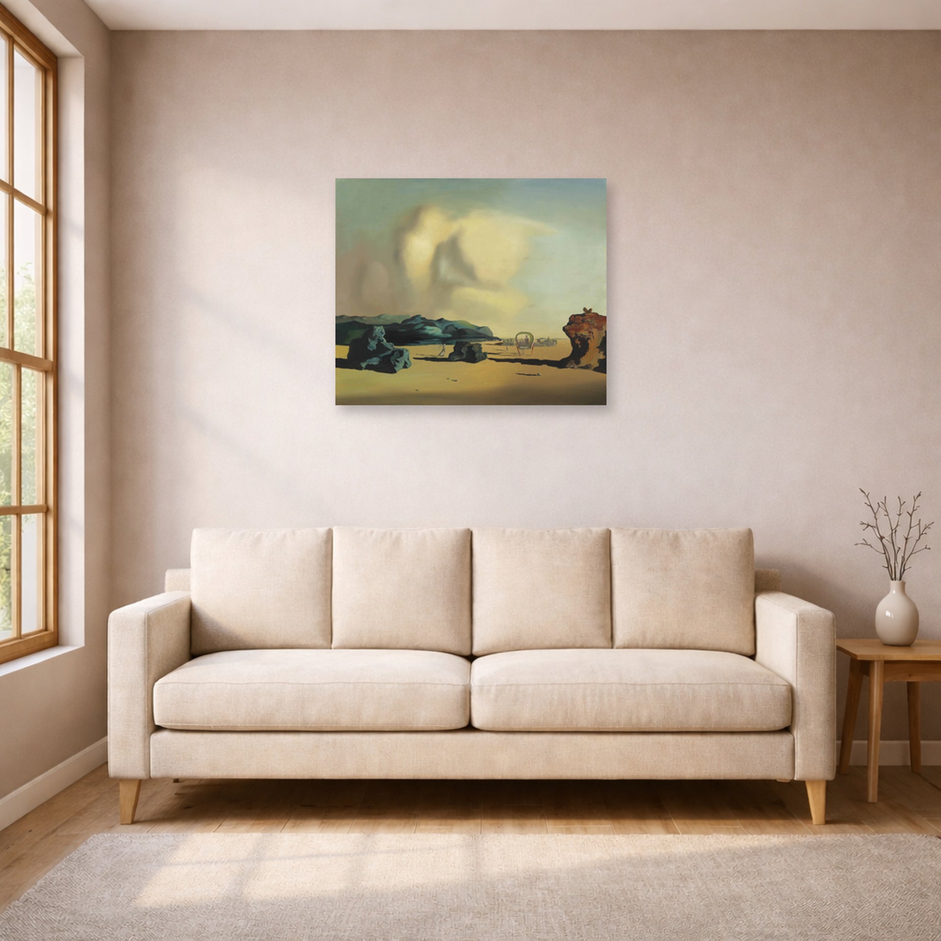 Unframed poster print of Salvador Dali's Transitional Moment displayed on a wall in a living room