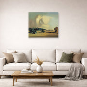 Unframed poster print of Salvador Dali's Transitional Moment displayed on a wall in a living room