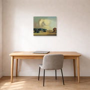 Unframed poster print of Salvador Dali's Transitional Moment displayed on a wall in a office