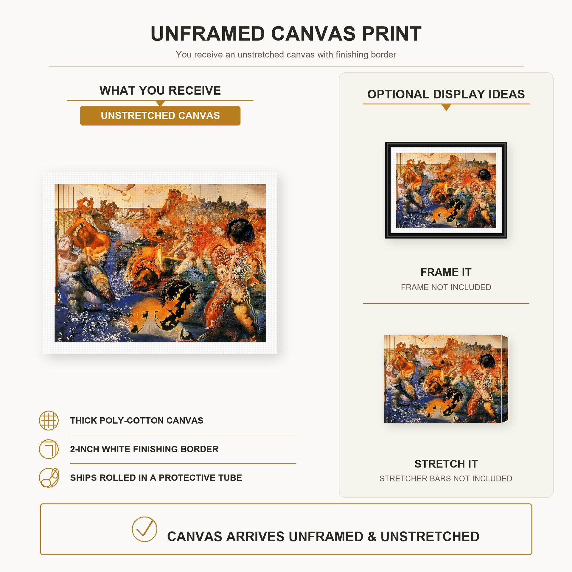 Salvador Dali - Tuna Fishing canvas print size comparison and framing display infographic