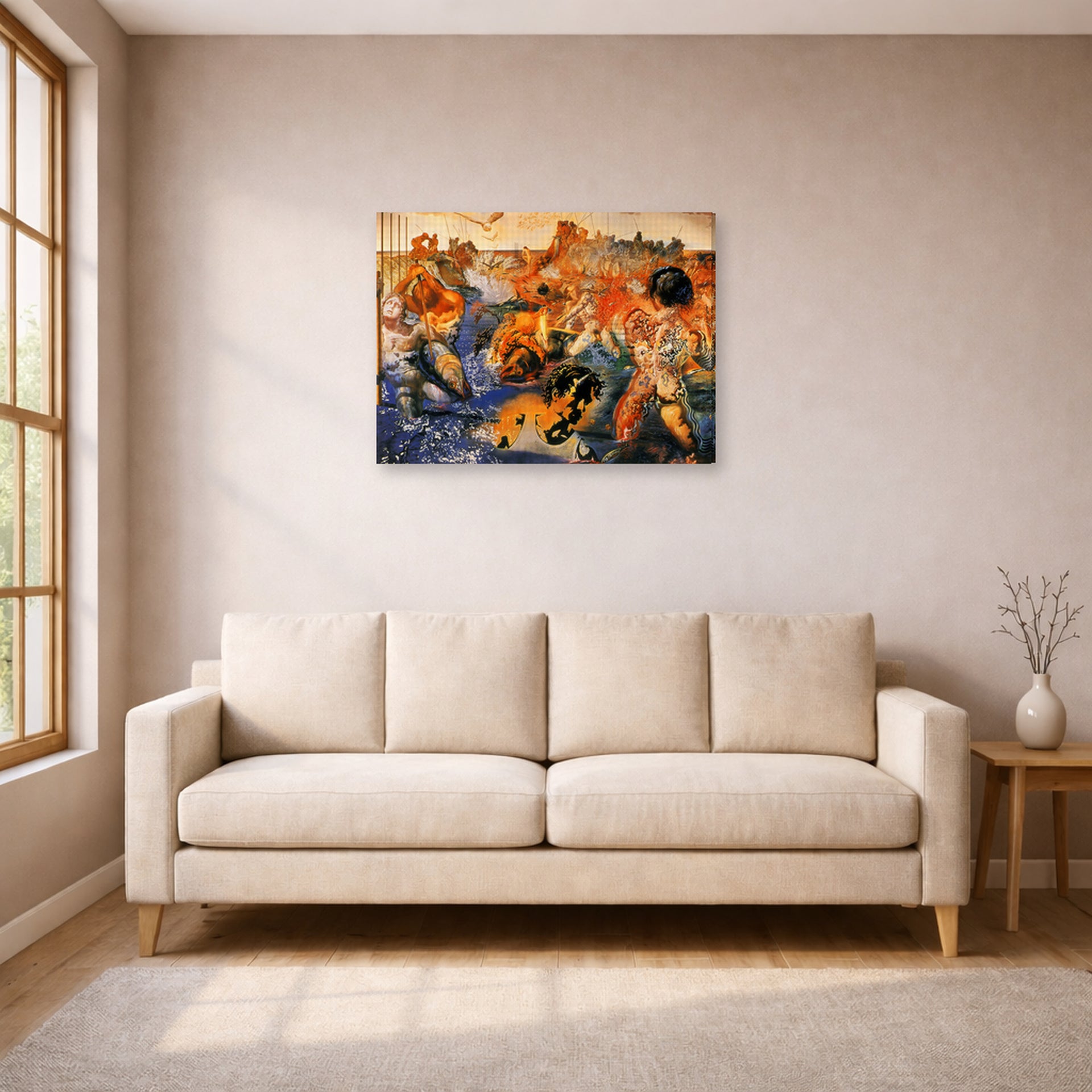 Gallery-wrapped canvas print of Salvador Dali's Tuna Fishing displayed on a wall in a living room