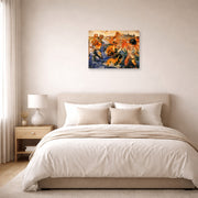 Unframed poster print of Salvador Dali's Tuna Fishing displayed on a wall in a bedroom