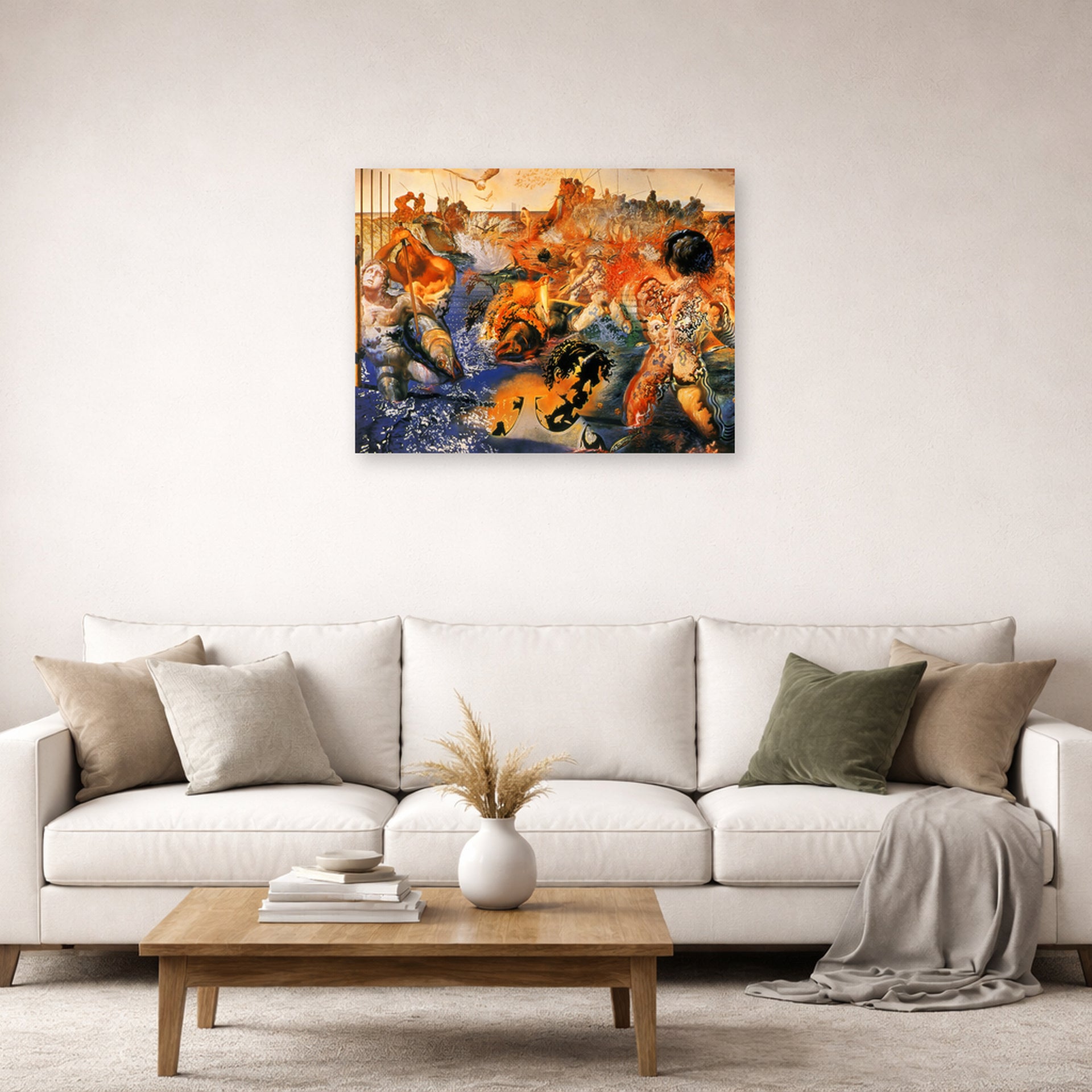 Unframed poster print of Salvador Dali's Tuna Fishing displayed on a wall in a living room