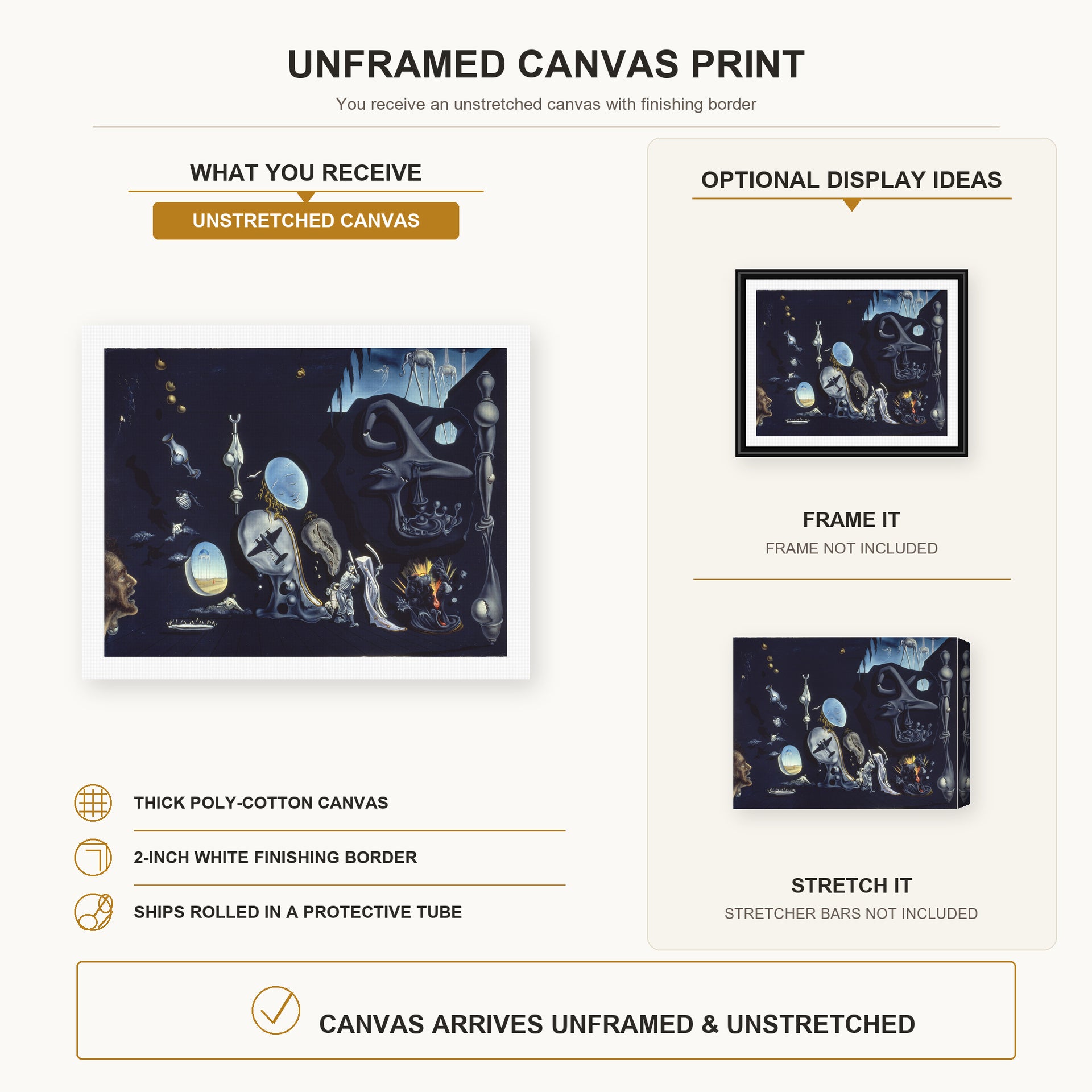 Salvador Dali - Uranium and Anatomica Melancholica Idyll canvas print size comparison and framing display infographic