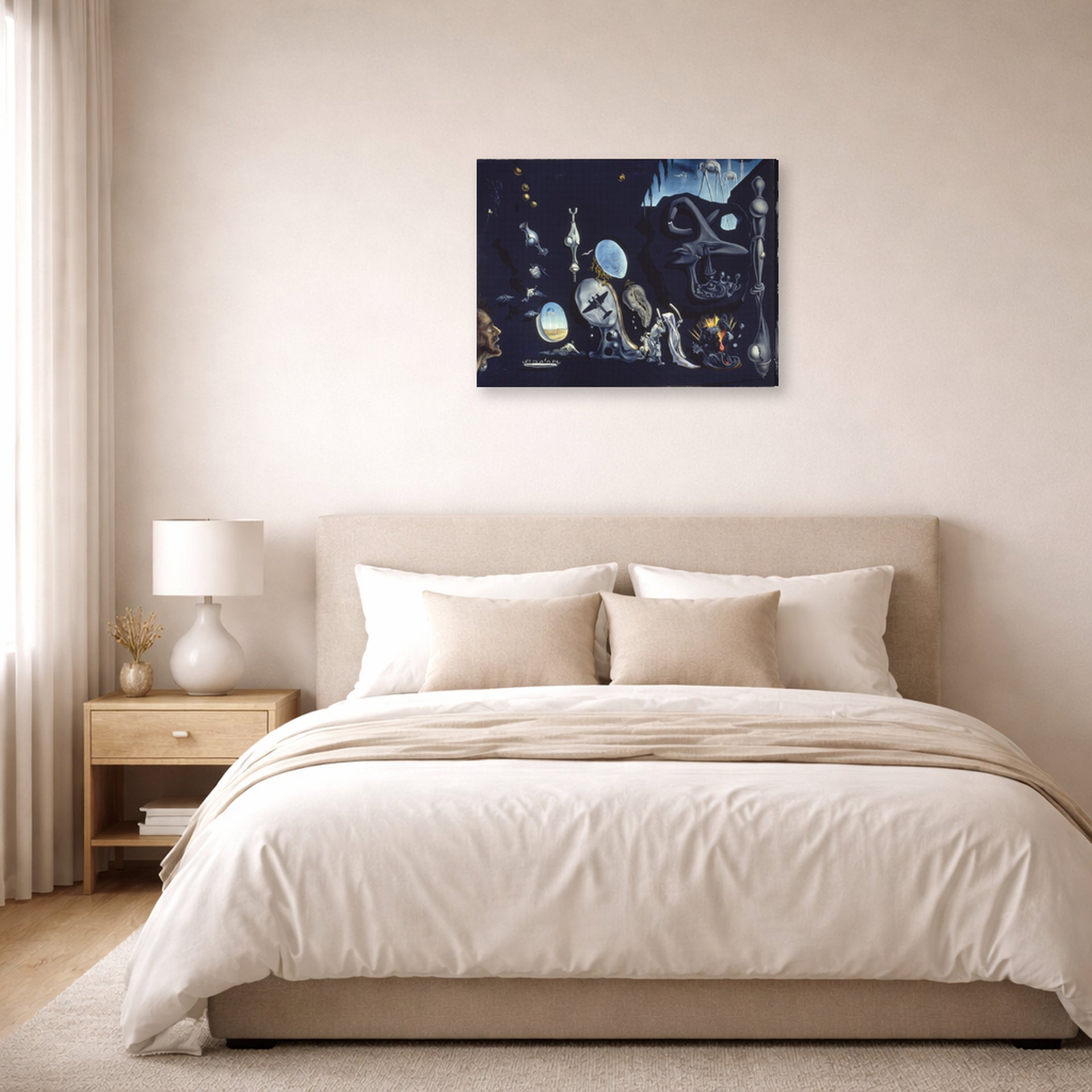 Gallery-wrapped canvas print of Salvador Dali's Uranium and Anatomica Melancholica Idyll displayed on a wall in a bedroom