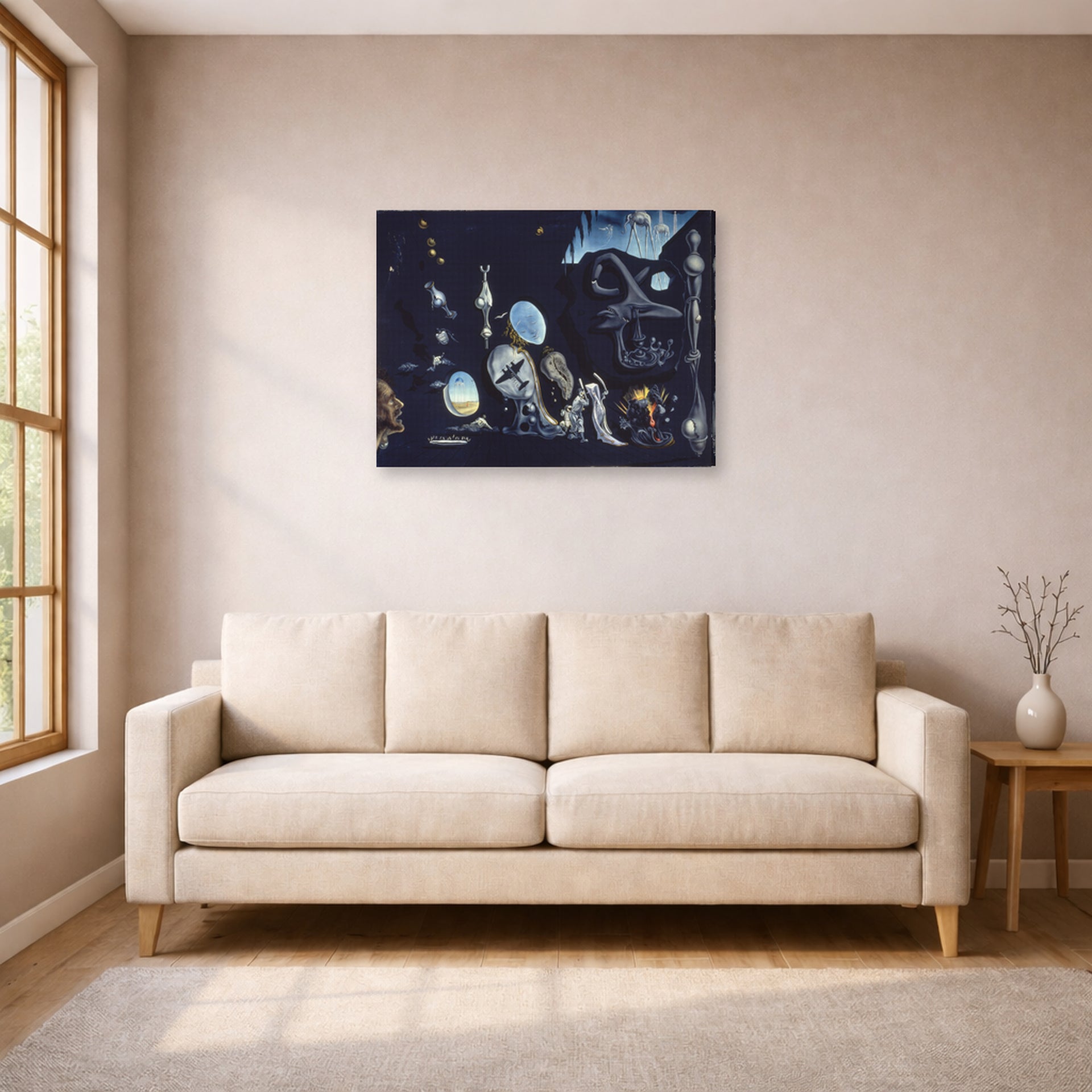 Gallery-wrapped canvas print of Salvador Dali's Uranium and Anatomica Melancholica Idyll displayed on a wall in a living room
