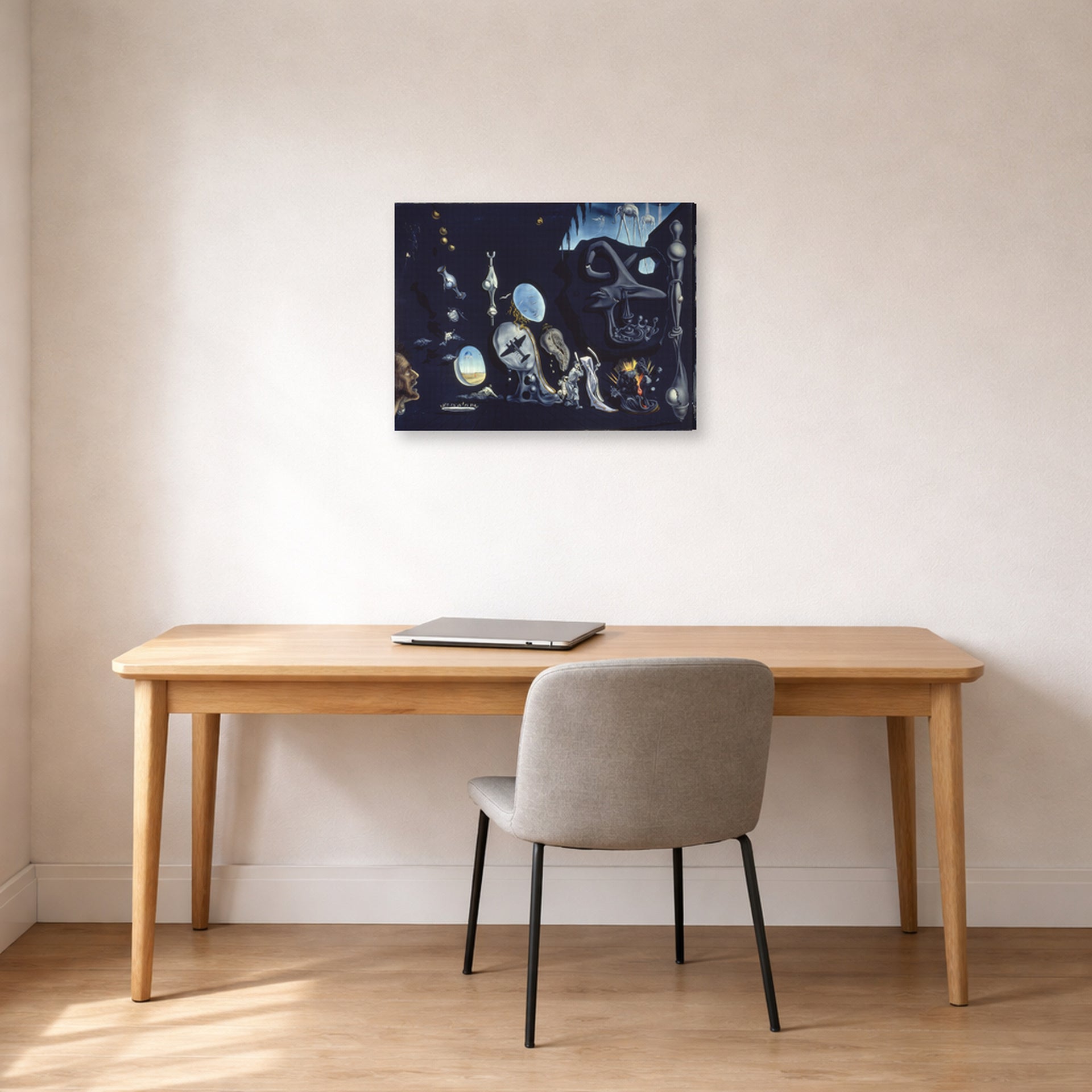 Gallery-wrapped canvas print of Salvador Dali's Uranium and Anatomica Melancholica Idyll displayed on a wall in a office