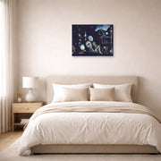 Unframed poster print of Salvador Dali's Uranium and Anatomica Melancholica Idyll displayed on a wall in a bedroom