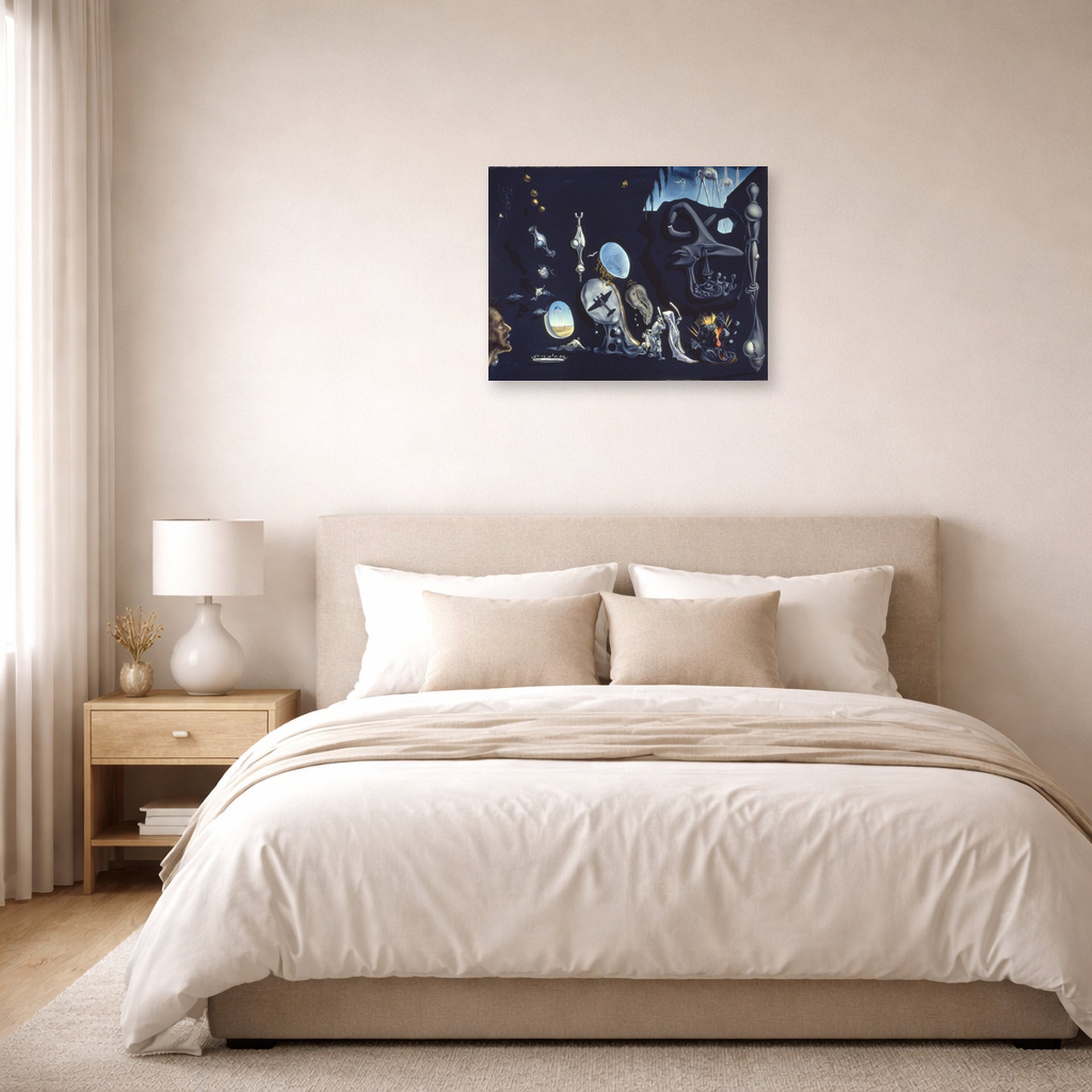 Unframed poster print of Salvador Dali's Uranium and Anatomica Melancholica Idyll displayed on a wall in a bedroom
