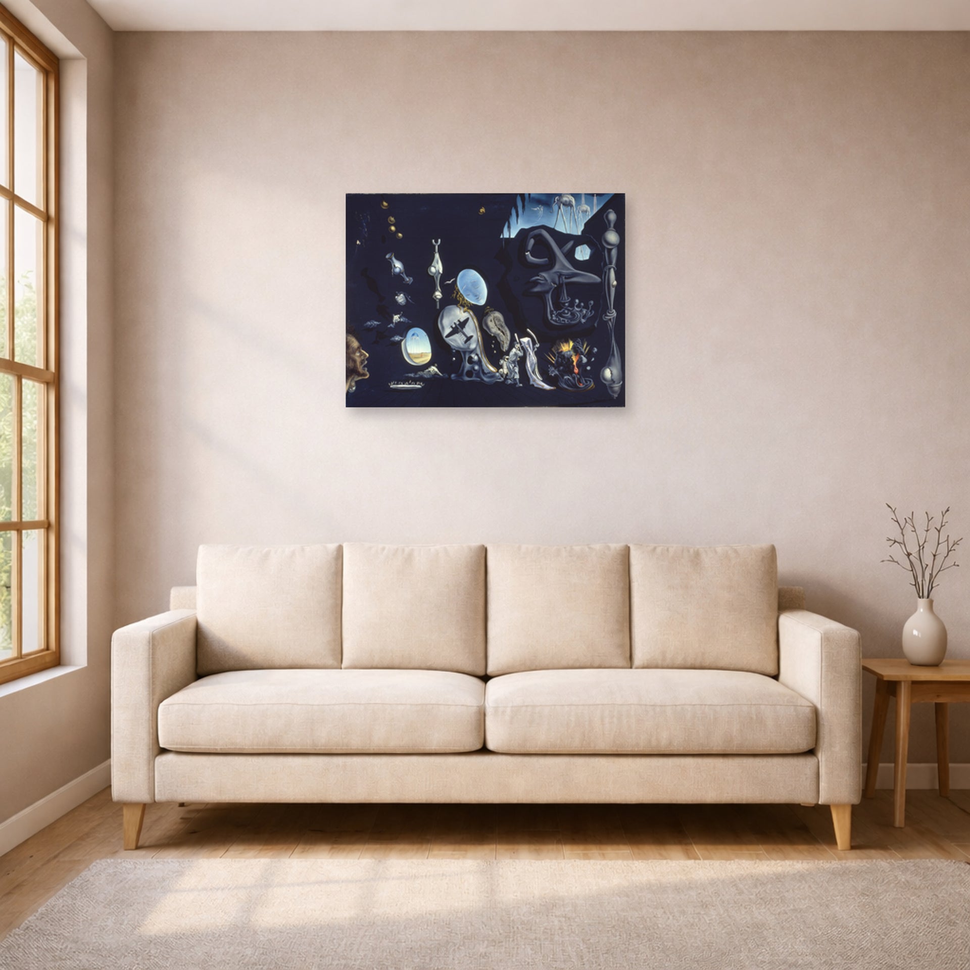 Unframed poster print of Salvador Dali's Uranium and Anatomica Melancholica Idyll displayed on a wall in a living room