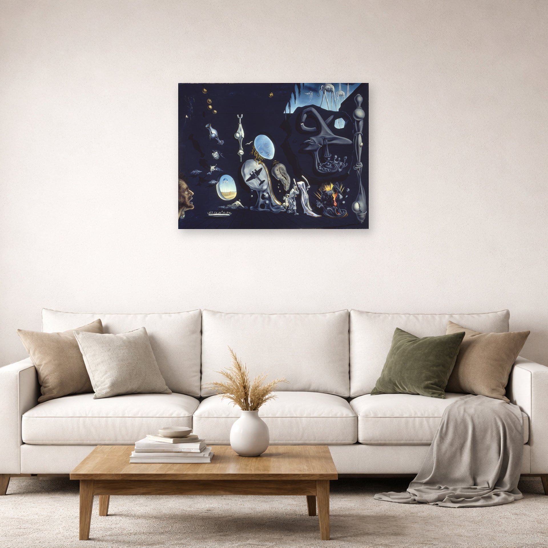 Unframed poster print of Salvador Dali's Uranium and Anatomica Melancholica Idyll displayed on a wall in a living room