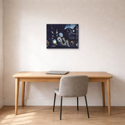 Unframed poster print of Salvador Dali's Uranium and Anatomica Melancholica Idyll displayed on a wall in a office