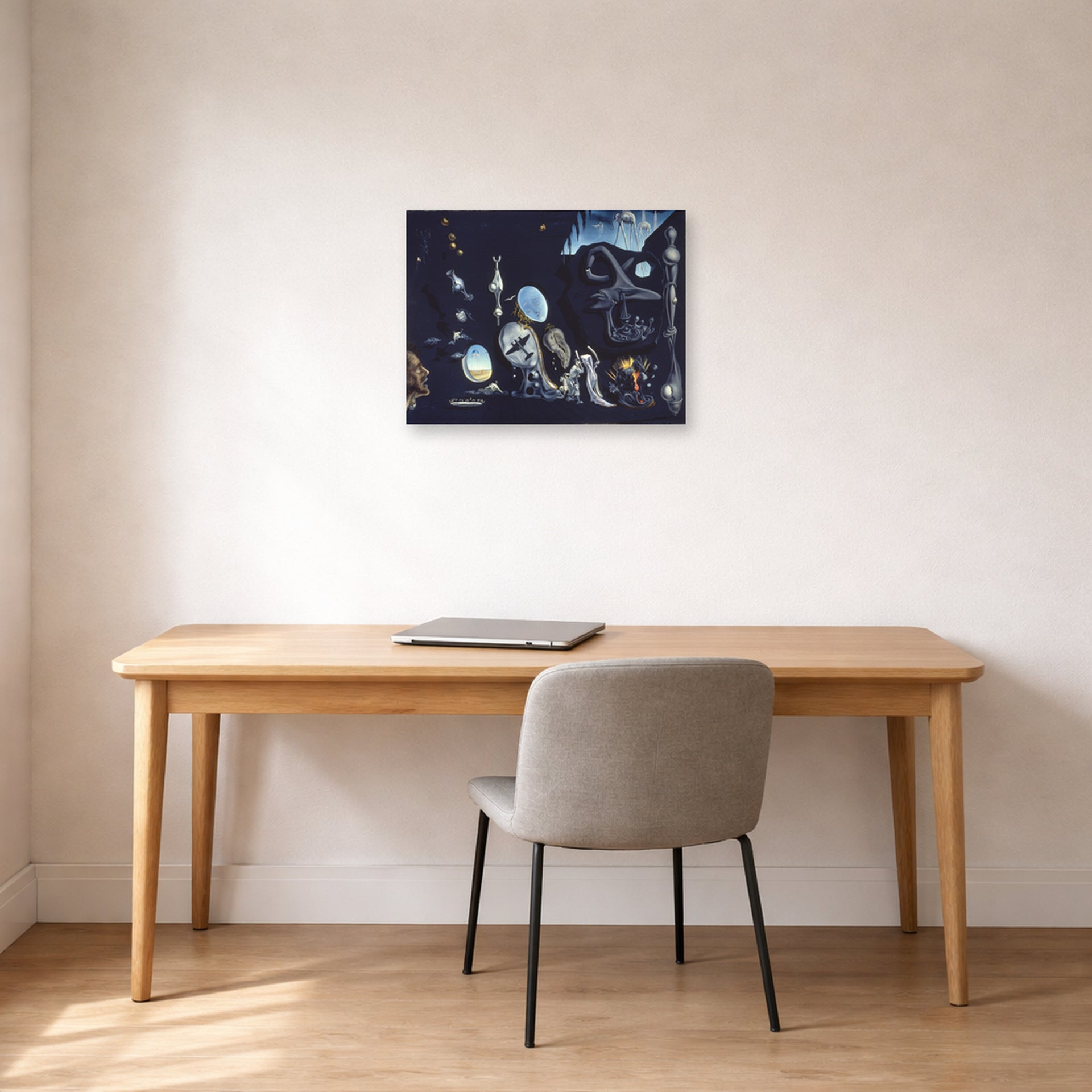 Unframed poster print of Salvador Dali's Uranium and Anatomica Melancholica Idyll displayed on a wall in a office