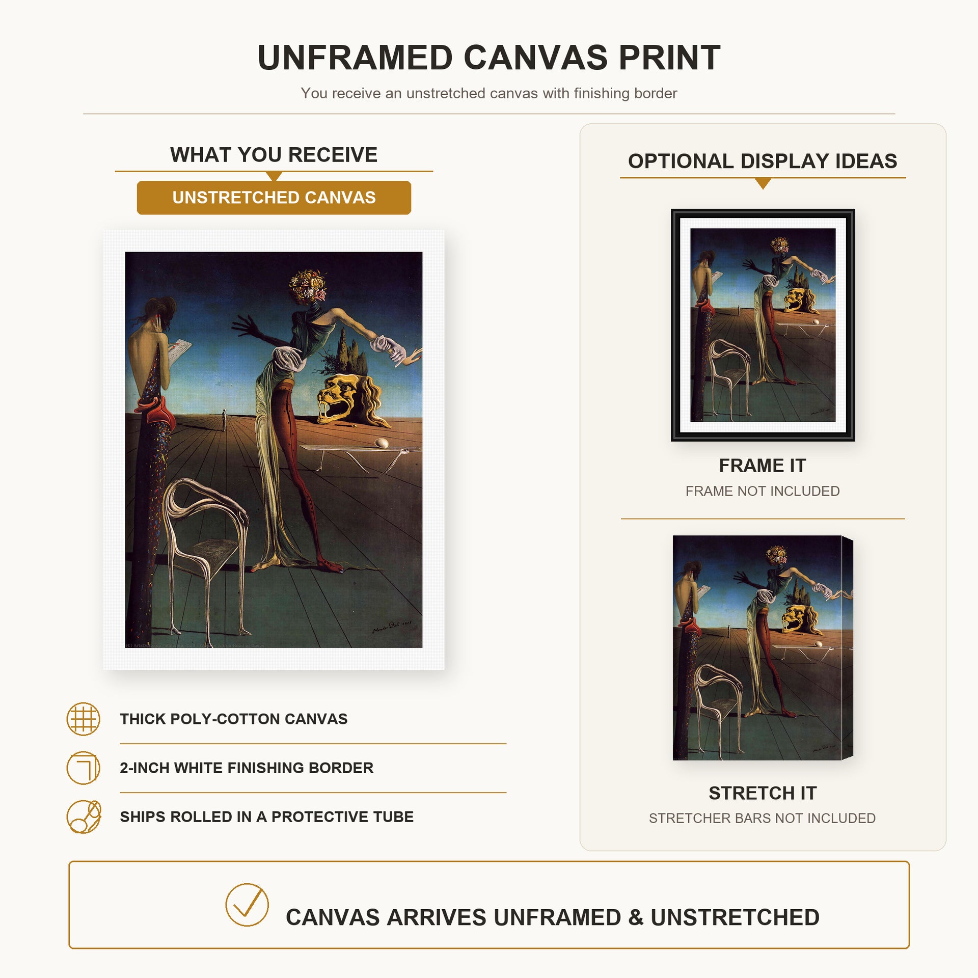 Salvador Dali - Woman With a Head of Roses canvas print size comparison and framing display infographic