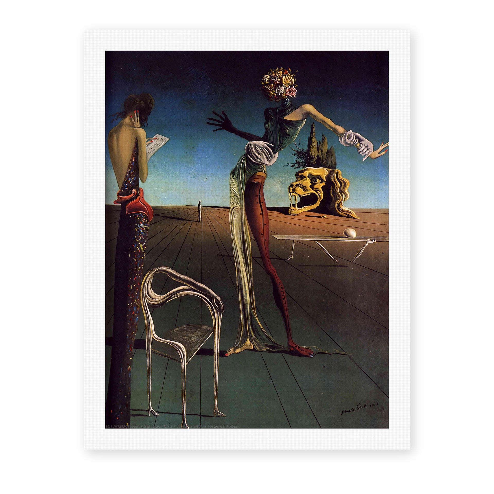 Salvador Dali's 'Woman With a Head of Roses' painting reproduced as a rolled canvas print