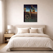 Gallery-wrapped canvas print of Salvador Dali's Woman With a Head of Roses displayed on a wall in a bedroom