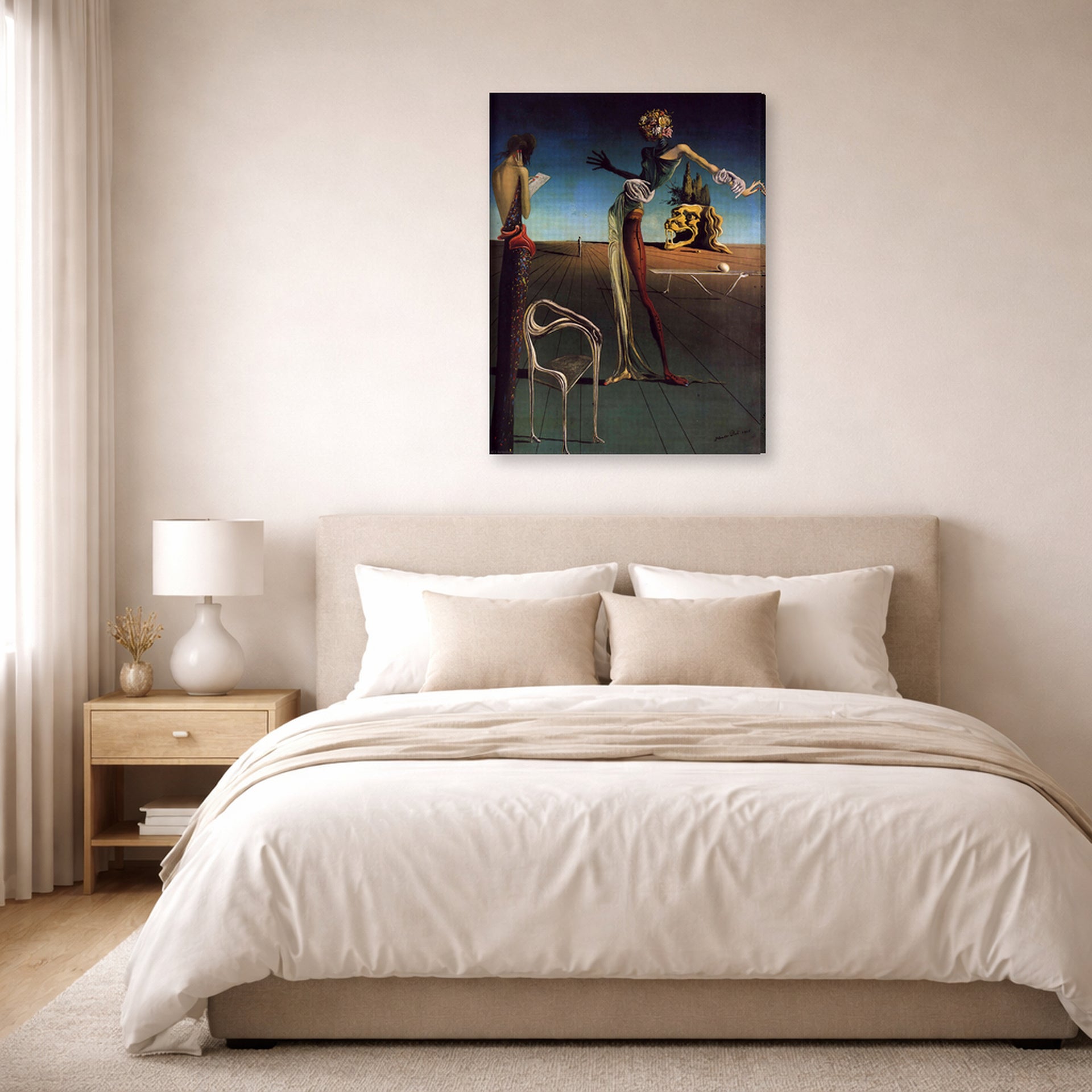 Gallery-wrapped canvas print of Salvador Dali's Woman With a Head of Roses displayed on a wall in a bedroom