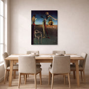 Gallery-wrapped canvas print of Salvador Dali's Woman With a Head of Roses displayed on a wall in a dining room