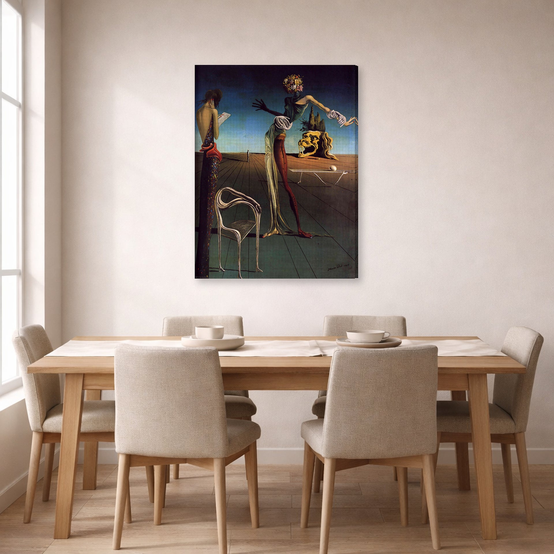 Gallery-wrapped canvas print of Salvador Dali's Woman With a Head of Roses displayed on a wall in a dining room