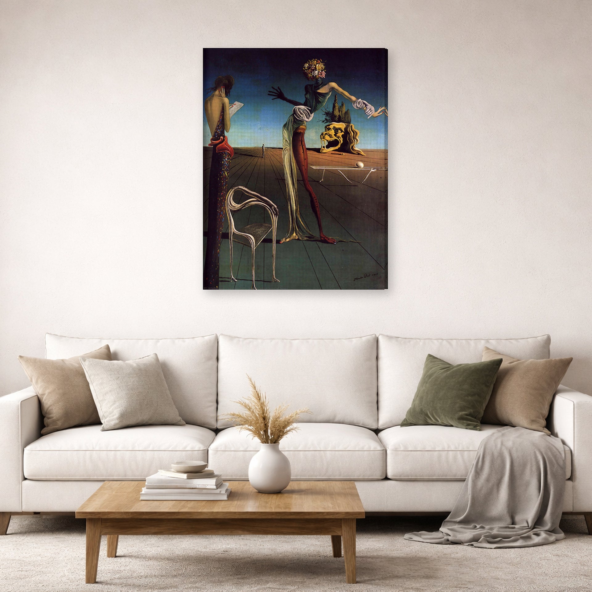 Gallery-wrapped canvas print of Salvador Dali's Woman With a Head of Roses displayed on a wall in a living room