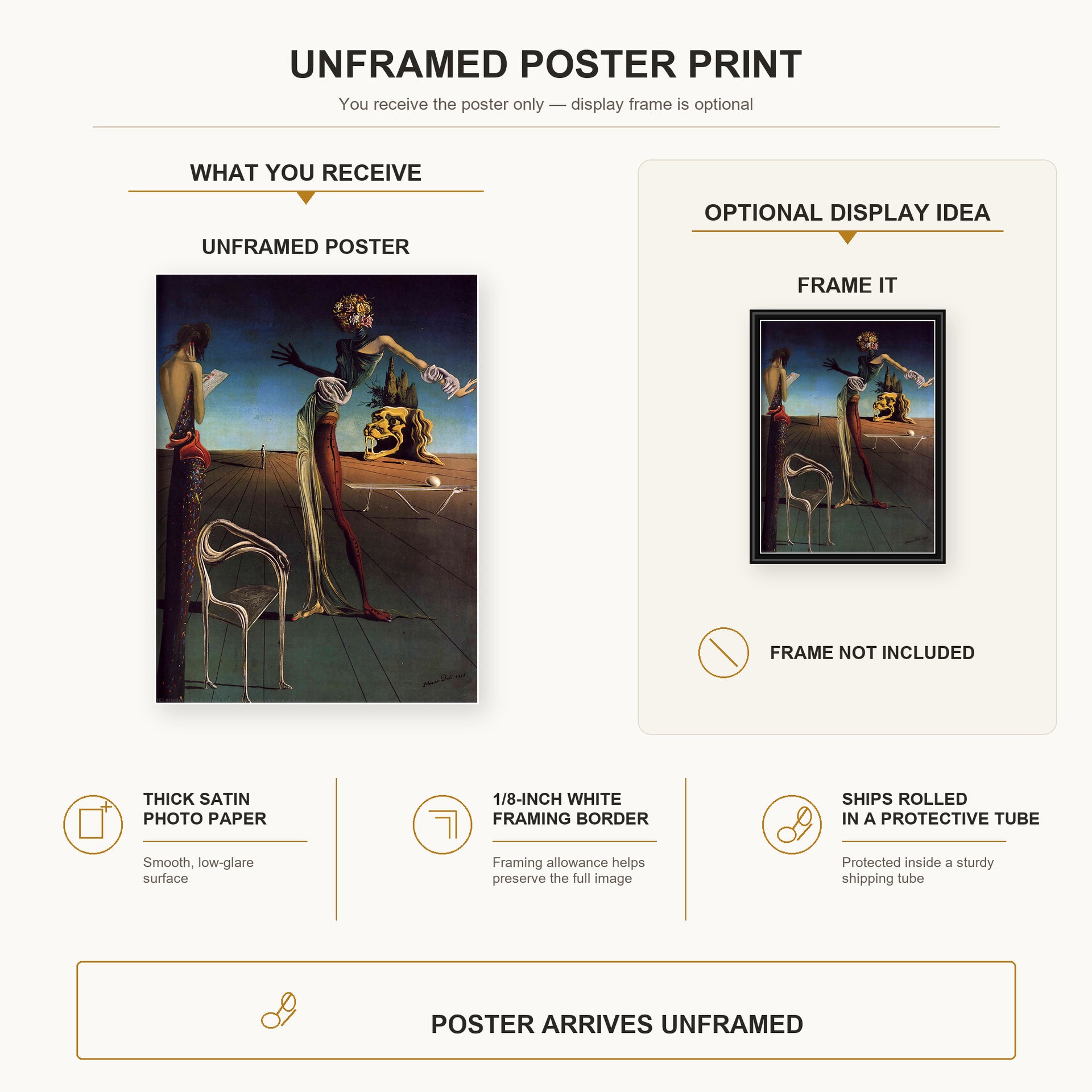 Salvador Dali - Woman With a Head of Roses poster print size comparison and framing display infographic